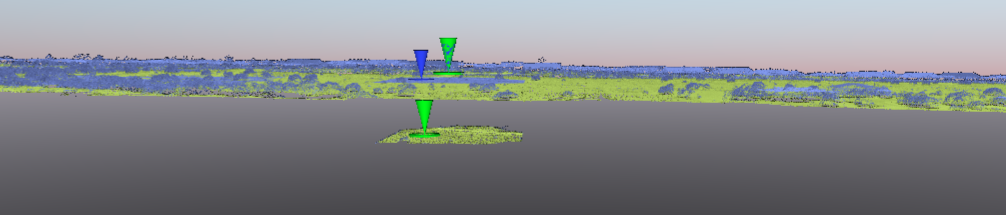 Edge-on view of the thick-run 3-D model — cameras merged into one coherent sheet with one small orphan block hanging well below